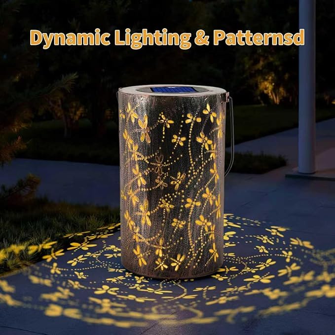 Outdoor Solar Garden Lights: Solar-Powered Yard Patio Hanging Decoration Lanterns with Handle, Outside Waterproof Decorative Lamps with Dynamic Dragonfly Pattern(Dragonfly)