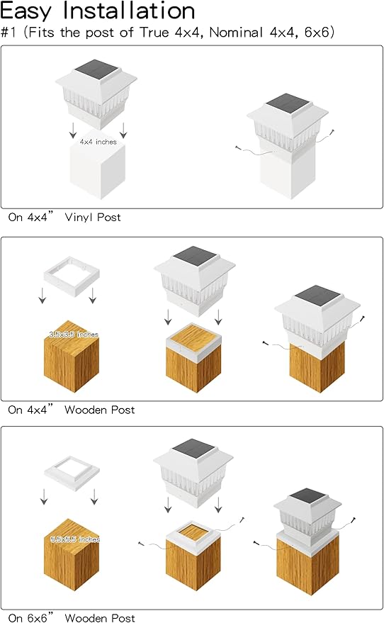 Solar Post Cap Lights 4 Pack, Modern #1: Fits True 4x4 Vinyl, 4x4 & 6x6 Wood Posts, 3 Color Temperature, 50 Lumen Waterproof Outdoor Lights for Deck Fence, Elegant White