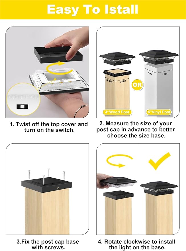 T-SUN Solar Post Cap Lights 6 Pack for 4x4 Vinyl/Wooden Posts, Waterproof Outdoor Warm & Cool White(3000K/6000K) Solar Powered Deck/Garden/Patio Lighting