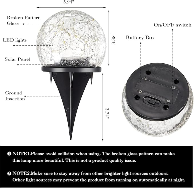 Honoson Solar Globe Lights Outdoor - Waterproof Cracked Glass Balls for Garden, Patio, Lawn & Yard, Warm White Solar LED Lights with Easy Installation & Durable Design(3.9 Inch,4 Pieces)