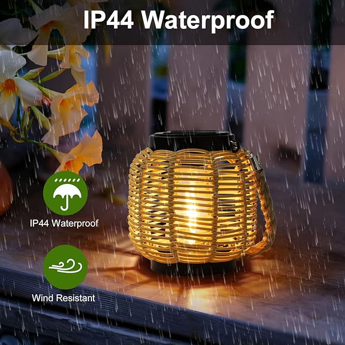 Livinlarge Solar Rattan Lantern with Twine Handle - Outdoor Waterproof Solar Lanterns for Table, Deck, Yard, Patio, Walkway, Porch & Home Decor