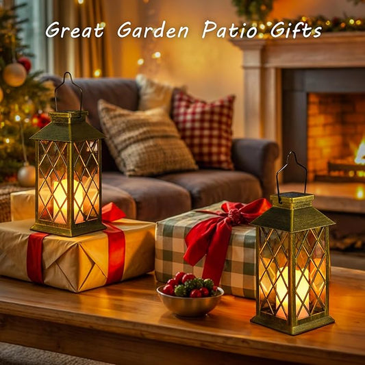 2Pack 10" Outdoor Solar Lanterns Waterproof Garden Patio Lantern Lights Flickering Candle Mission for Outside, Party, Yard, Lawn, Mothers Day Gifts Garden Gifts for Mom Women (Antique Green Bronze)