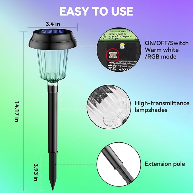 TECKNET 8 Pack Solar Powered Pathway Lights, Auto On/Off Color Changing Solar Stake Lights Outdoor with Warm White & RGB Colored, IP68 Waterproof Pathway Light Outdoor for Yard Walkway Lawn