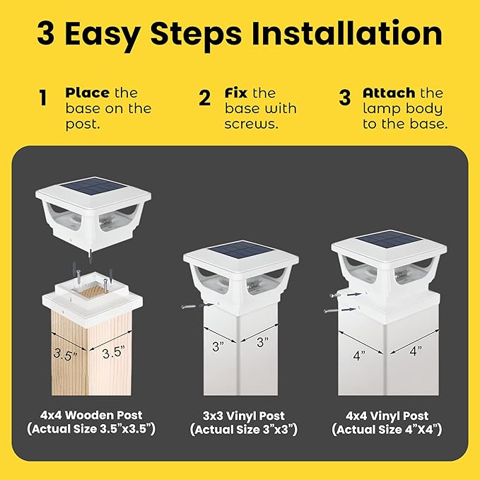 Brighticonic Solar Post Cap Lights Outdoor for 4x4, 3x3 – Auto On/Off Post Lights Solar Powered - Easy Install, IP65 Waterproof Deck & Fence Lights – Long Lasting Battery – 120 Lumen, CoolWhite - 4pck