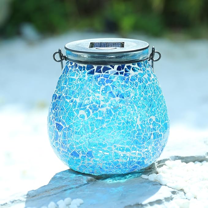 Afirst Mosaic Solar Lanterns Outdoor - Glass Hanging Solar Lights Hollow Out Waterproof Table Lamp Outdoor Decorative for Garden, Patio, Holiday Party Outdoor Decoration