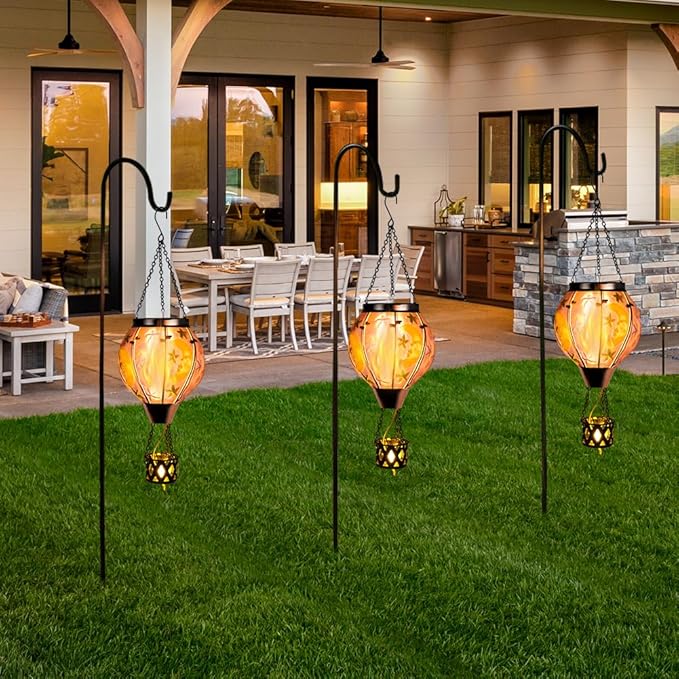 Moon Pattern Hot Air Balloon Solar Lantern with Flickering Flame , Hanging Outdoor Lantern Light Glass Waterproof Decor for Patio, Porch, Garden