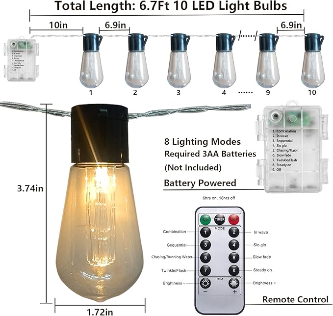 S14 LED Outdoor String Lights 6.7Ft 10 LED Edison String Lights with Remote Timer, Battery Operated Waterproof Outside Patio Lights String for Porch Deck Camping Garden Backyard Balcony Patio Decor