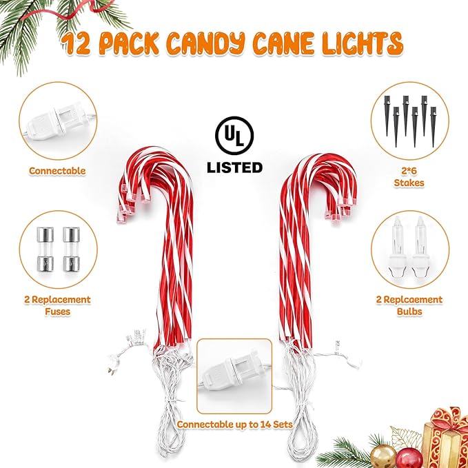 Christmas Candy Cane Lights Outdoor Pathway,12Pack Light up Candy Canes 16" Christmas Sidewalk Walkway Lights with 72 Incandescent Large Lighted Candycane Outdoors Decorations Yard Stakes