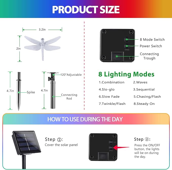 OZS 2PK 40LED 50FT Dragonfly Solar Lights Outdoor Waterproof, Multicolor Solar Fairy Lights with 8 Lighting Modes, Garden Decor for Outside, Pathway Lights for Fence, Patio, Yard