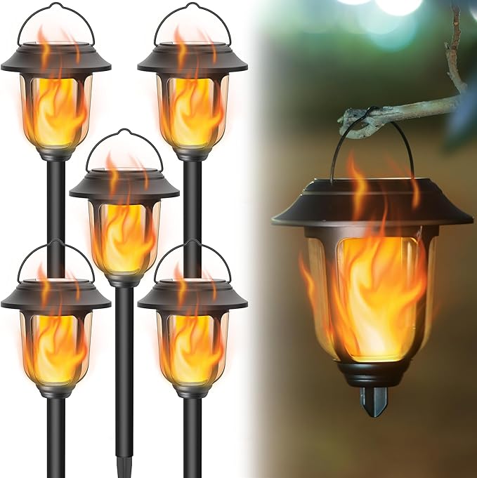 Dynaming Dual Use Solar Flame Lights Outdoor 6 Pack, Solar Flickering Flame Pathway Lights, Hanging Lantern Light, Auto On/Off & Waterproof for Garden Lawn Patio Yard Walkway Deck Driveway