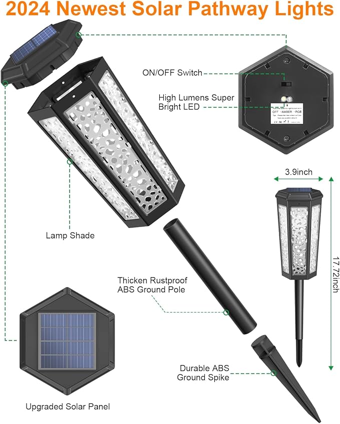 Colored Solar Powered Pathway Landscape Lights Outdoor Warm White & RGB Dusk to Dawn Waterproof for Garden Sideway Outside, Patio, Path, Yard, Walkway, Driveway, 2 Modes 6 Pack Accent Modern Design