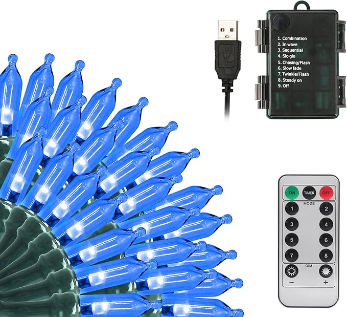 Tcamp Blue Christmas Lights Battery Operated Or USB Charging, 33FT 100 LED Christmas Tree Lights with Remote Timer Memory Function, 8 Modes Fairy String Light for Xmas Indoor Outdoor Decor