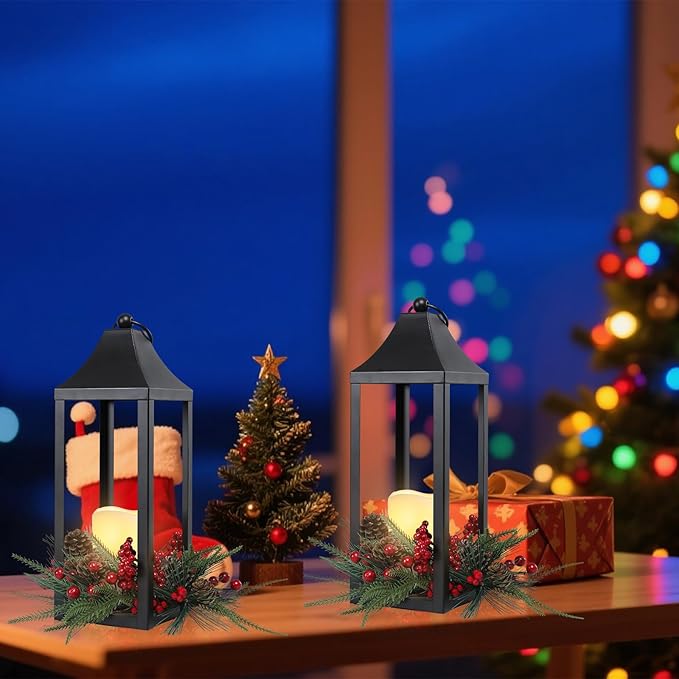 Christmas Lantern 16.2" Metal Outdoor Large Christmas Lanterns with LED Flameless Candle Hanging Lantern, Decorative Hanging Lanterns for Xmas Table Centerpieces, Front Porch, Indoor, Black