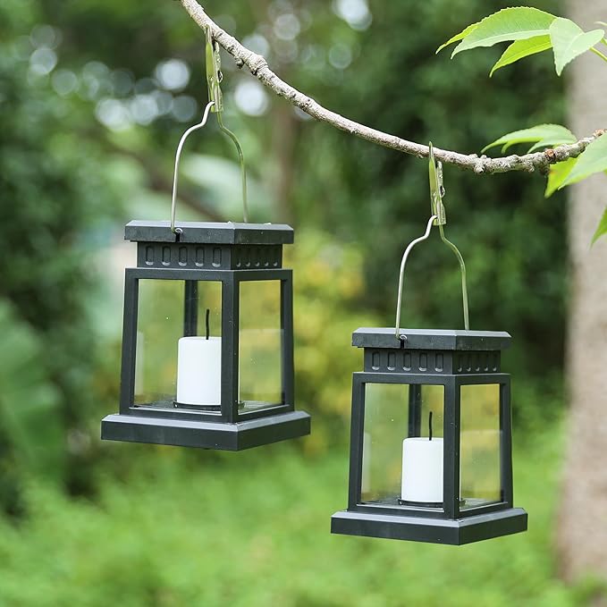 Small Solar Lanterns Outdoor Waterproof, Hanging Candles Solar Lights Garden Decor for Outside, Gifts for Women Mom, Flickering Flameless Candle Lights for Table,Outdoor Decorative 4P