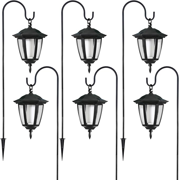 Dynaming 6 Pack Solar Flame Hanging Lights Outdoor, Halloween Solar Flickering Flame LED Garden Lanterns with 6 x 38 Inch Shepherd Hooks, Christmas Lighting for Lawn Patio Yard Pathway Driveway