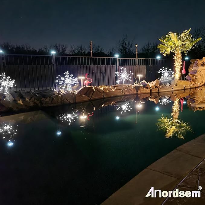 Anordsem Solar Garden Lights Outdoor: Bendable Copper Wire with 120 LED Firework Beads - Waterproof 2 White Lighting Modes for Yard Patio Path - Gardening Gifts for Homeowner Gardener
