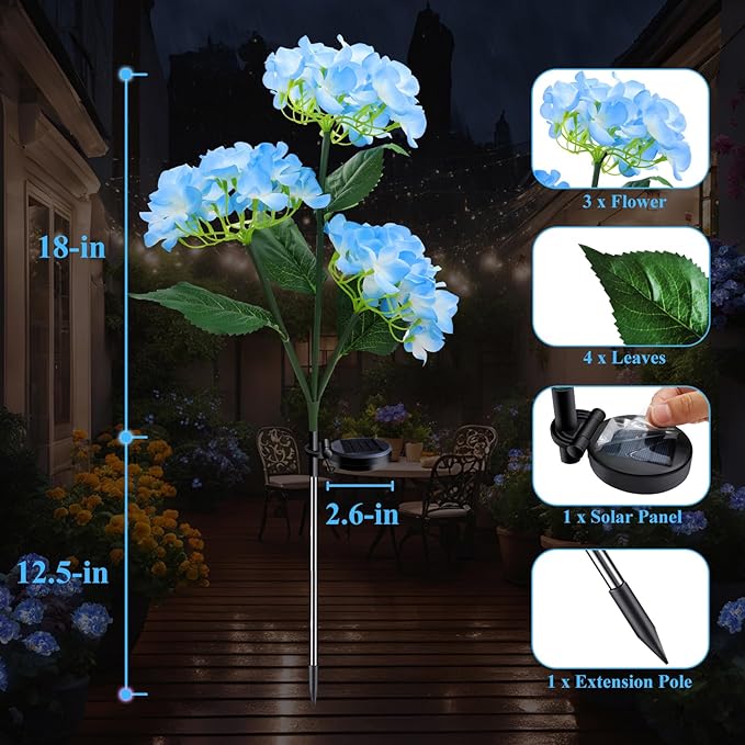 Garden Lights Solar Flower Light, LED Solar Powered Outdoor Light Decor for Path Yard Walkway Patio Balcony Lawn, Hydrangea Artificial Flower (Blue, 2)