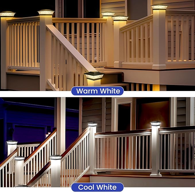 APONUO Solar Post Cap Lights 6 Pack for 4x4 5x5 6x6 Wood & Vinyl Fences - IP65 Waterproof, All-Night Auto On/Off, Warm/Cool White Light, Outdoor Deck Patio Garden (Black)