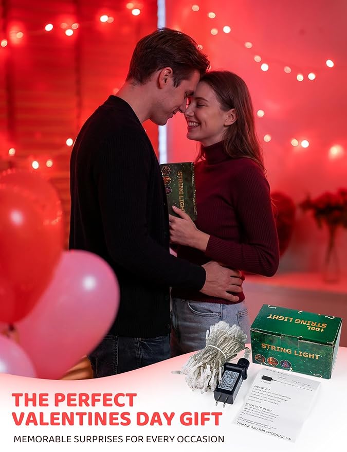 Hopolon Valentines Day Decorations String Lights, 33 FT 100 Led Red Christmas Lights Outdoor Waterproof,8 Modes Clear Wire Twinkle Fairy Light Plug in for Indoor Bedroom Party Wedding,100 LED,Red