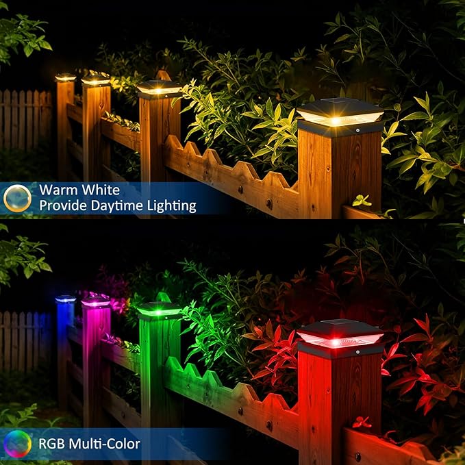 T-SUN Solar Post Cap Lights with Auto-Change Colors- for Wooden (4x4/6x6) & Vinyl (4x4/5x5) Posts | Weatherproof Outdoor Solar Fence Post Lights for Deck, Porch, Garden & Stairs(18-Pack,RGB)