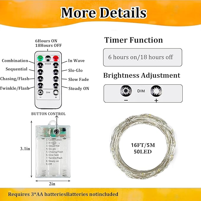 16ft Christmas LED String Lights, Waterproof Timer Lights