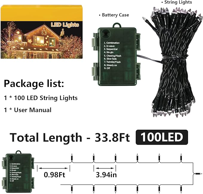 Christmas String Lights, 33ft 100 LED Waterproof Twinkle Lights