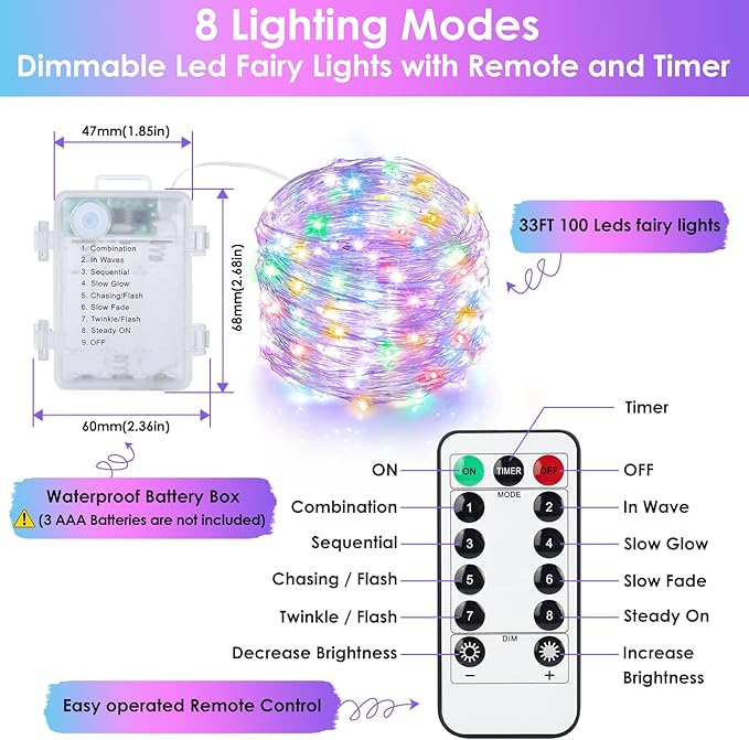 Mlambert 3 Pack 33FT Fairy Lights Battery Operated with Remote and Timer, Dimmable Waterproof 8 Modes Twinkle Lighting for Girl Room Decor-Multicolor