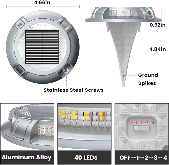 SIEDiNLAR Solar Driveway Lights Outdoor 4 Modes 40 LEDs Dock Driveway Markers Deck Light Waterproof for Step Ground Walkway Pathway Yard Garden, White/Warm Dynamic Lighting (12 Pack)