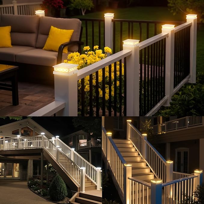 8 Packs Solar Post Cap Lights for Fence and Deck – Auto On/Off Outdoor Lighting, 2 Color Modes with 16 LEDs, Fits 4x4 5x5 6x6 Posts (White)