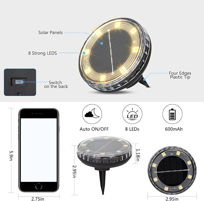 8 Pack Solar Ground Lights Outdoor, 8 LED Solar Disk Lights, IP65 Waterproof Long Lasting Flat Light for Garden Pathway Walkway Yard (Warm White)
