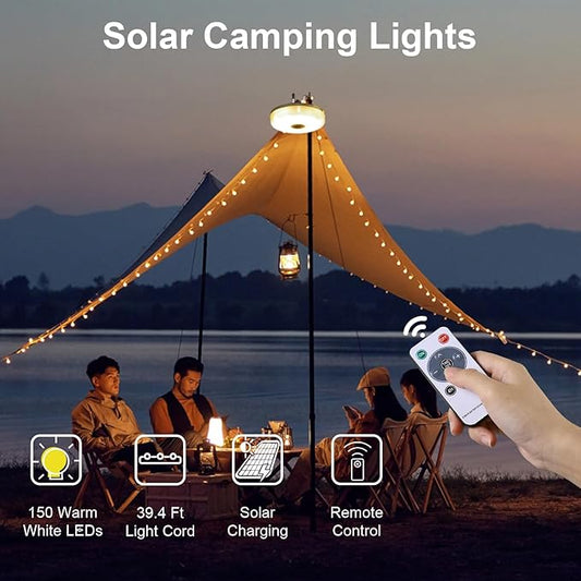 2-Pack Solar Camping String Lights, 39.4FT Portable Waterproof Camping Light with 8 Lighting Modes, Solar Powered and USB Rechargeable Tent Lantern with Remote Control for Camping, Garden and Hiking