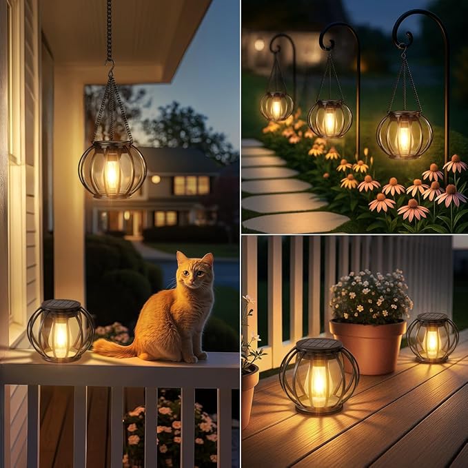 Solar Lanterns Lights Waterproof: 4 Pack Metal Hanging Outdoor Lights for Garden Yard Patio - Warm LED Tabletop Pathway Tree Decor - Birthday Spring Gifts for Women Mom 2026
