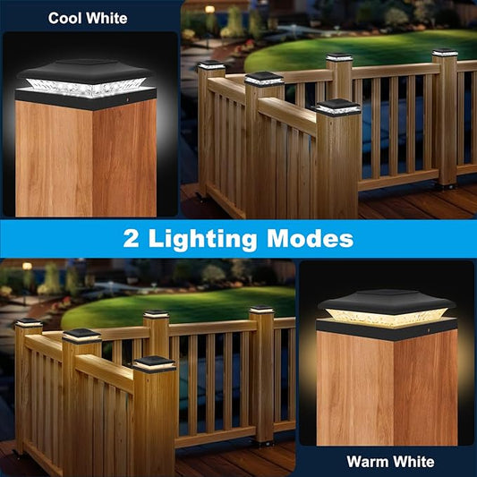 12 Pack Solar Post Cap Lights Outdoor, 2 Modes (Warm/White Light) Black Fence Post Solar Powered Lights Waterproof for 5x5, 5.5x5.5, 6x6 Wooden/Vinyl Posts Decorate Garden Deck Patio Porch