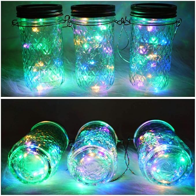 SmilingTown Solar Mason Jar Lights 10 Pack 20 LED Waterproof Outdoor Fairy Firefly String Light Lids with 10 Hangers Rust Resist for Patio Lawn Garden Wedding Lantern Decor No Jars (Multi)