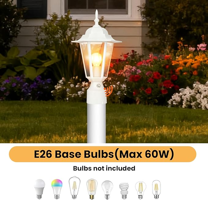 15" Dusk to Dawn Outdoor Post Light, Modern White Outdoor Lamp Post Light Fixture, Lamp Posts Exterior Lighting Pole Lantern for Outside Porch Garage Street, Waterproof Aluminum & Glass, 1 Pack, E26