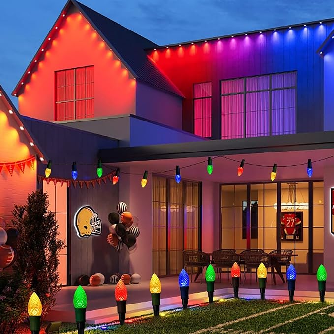 Solar Christmas Pathway Lights, 20 LED C9 String Lights with 20 Stakes, 23FT Solar Powered Multicolored Decorations for Roof, Yard, Patio, Walkway, Driveway