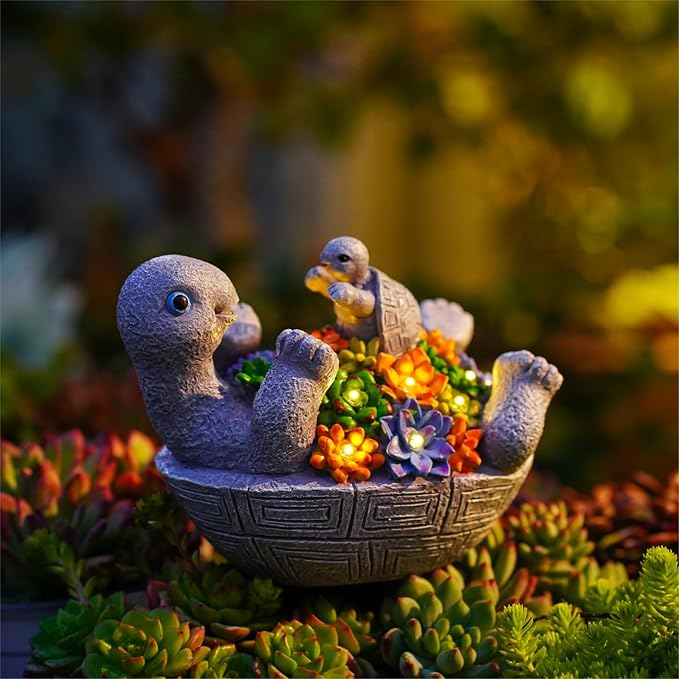 Solar Turtle Figurines Garden Decor, Cute Turtle Statue with Baby with 7 LED Solar Lights Garden Lawn Decorations for Patio & Yard, Gifts for Mom, Gery