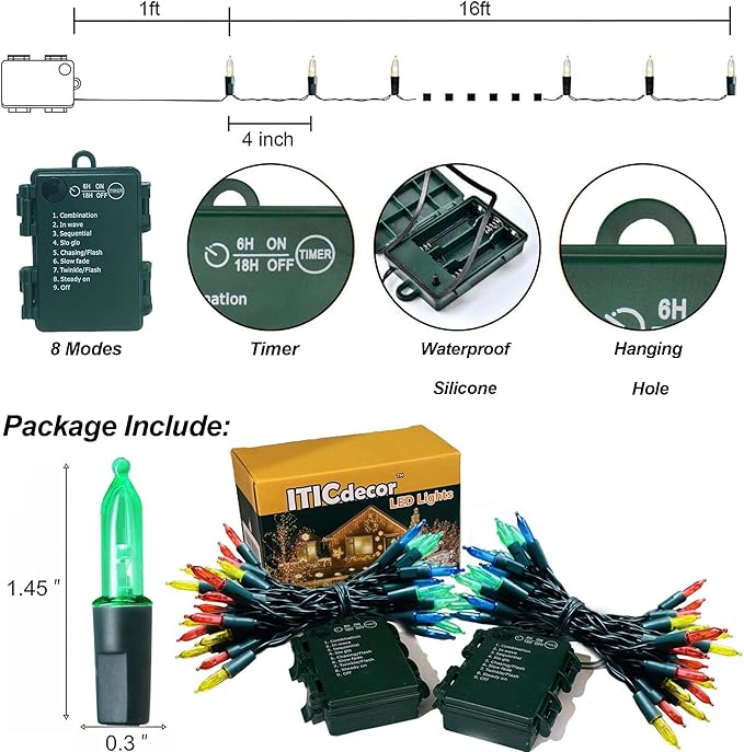 2-Pack Christmas String Lights, 16ft 50 LED Waterproof Twinkle Lights