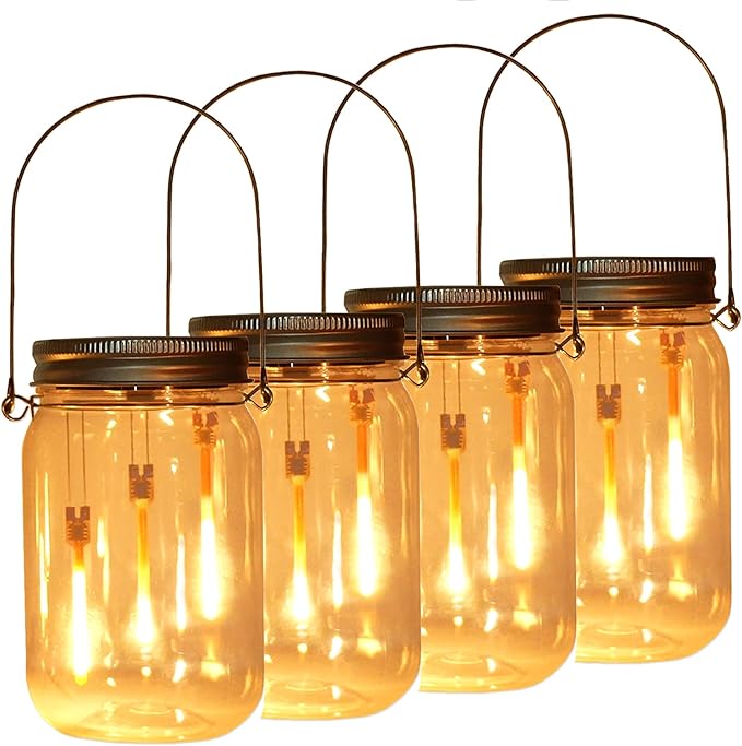 Solar Mason Jar Fairy String Lights,4-Pack(Plastic Mason Jars Include) Solar Powered Glass Outdoor Hanging Lamps Lighting,Waterproof LED Flame Dancing Lights for Garden Patio