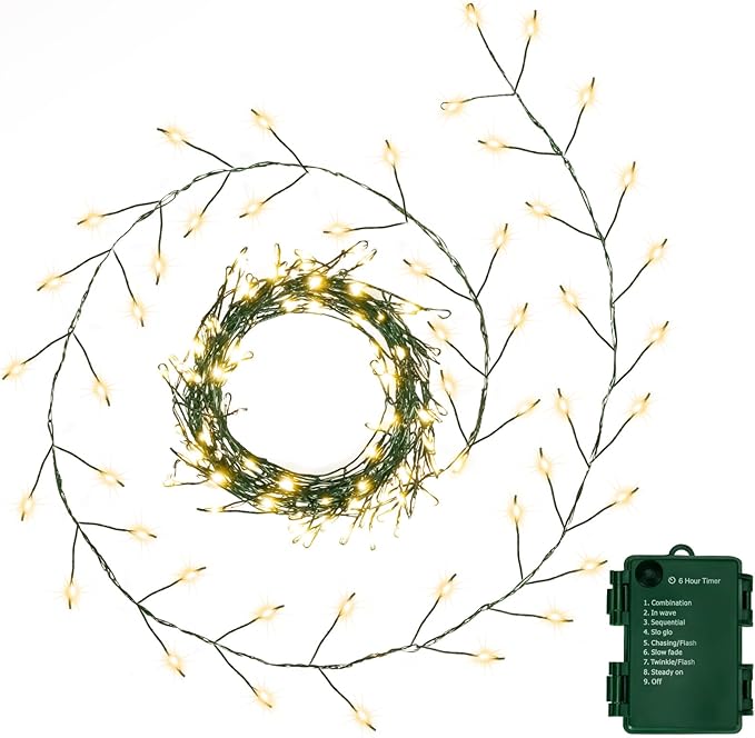 Battery Operated Christmas Cluster Lights, 20FT 200 Micro LED Fairy Lights with 8 Modes and Auto Timer, Green Copper Wire for Indoor Outdoor Christmas Tree Wreath Garland Garden Party,Warm White