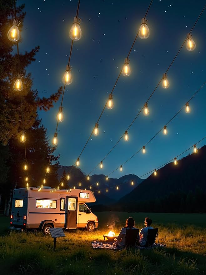 luckystyle 50FT Solar String Lights Outdoor Waterproof with 18+1 LED Bulbs Long Last for 20+Hrs, Commercial Grade Shatterproof USB Patio Solar Powered Lights for Camping,Backyard, Garden, Porch Decor