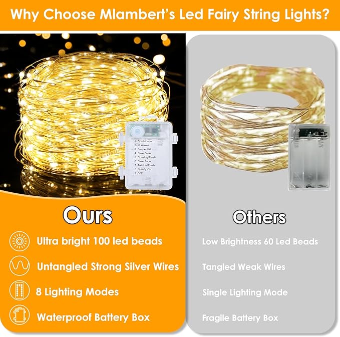Mlambert 3 Pack 33FT Fairy Lights Battery Operated with Remote and Timer, Waterproof Dimmable 8 Modes 100 LEDs Twinkle Lights for Indoor Outdoor Decor
