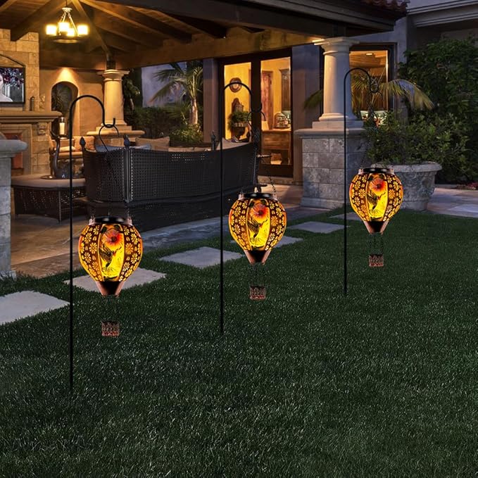 DREAMSOUL Hummingbird Hot Air Balloon Solar Lantern, Metal & Glass Flickering Flame Light Solar Lantern, Hanging Waterproof Solar Lanterns Outdoor for Garden Patio Tree Decoration