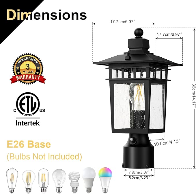 Dusk to Dawn Outdoor Post Lights,Black Waterproof Lamp Post Light Fixture, Aluminum Lamp Posts Outdoor Lighting Pole Lantern for Outside Yard Patio Pathway Garden Deck, Hard Wired,1-Pack