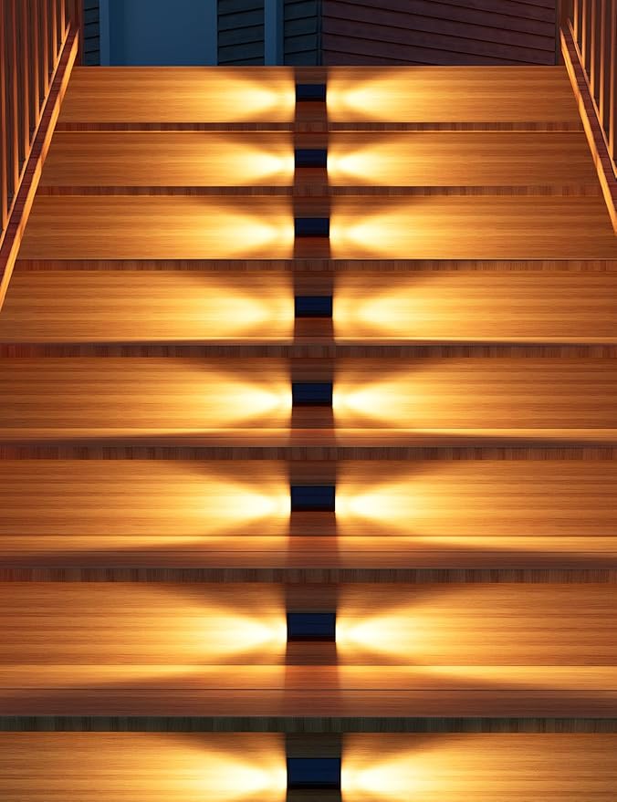 12 Pack Solar Powered Stair Lights Outdoor Waterproof Warm White Lamps for Deck Step Safety Outside Decorative LED for Porch, Sideway, BackYard, Garden, Pool, Easy Installation & All Night Lighting