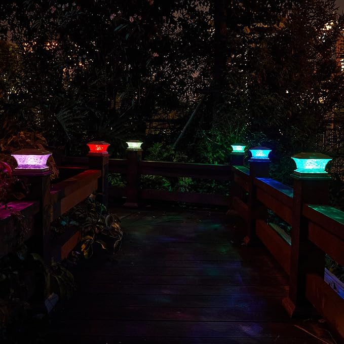 HUYIENO Solar Post Cap Lights Outdoor LED Lighting Deck Fence Cap Light Two Light Modes Bright White/Color Cyclin Suitable for 4x4 Vinyl Posts (White, 6pk)