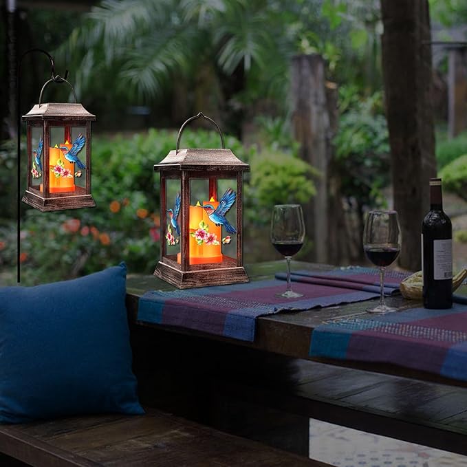 Hummingbird Solar Lanterns Outdoor, Metal Glass Hanging Solar Lights, Gardening Gifts for Mom Women Mother's Day, Waterproof Garden Decor Decorative Lights for Outside Yard Porch Patio Decorations