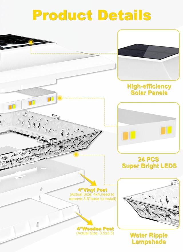 T-SUN 4x4 Post Cap Lights 6 Pack for Vinyl/Wooden Fence,Outdoor Waterproof Warm & Cool White, Deck Solar Post Lights for Patio Garden Yard Lighting