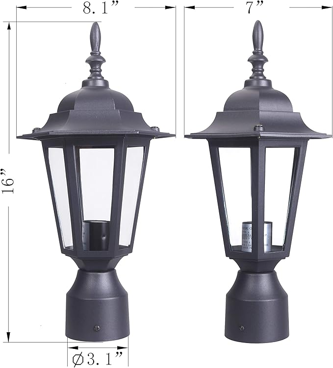 LIT-PaTH 16 Inch Outdoor Lamp Post Light Fixture, Exterior Pole Lantern with Clear Glass, Hardwired Aluminum Post Lighting for Driveway Garden Yard, Matte Black, 1-Pack