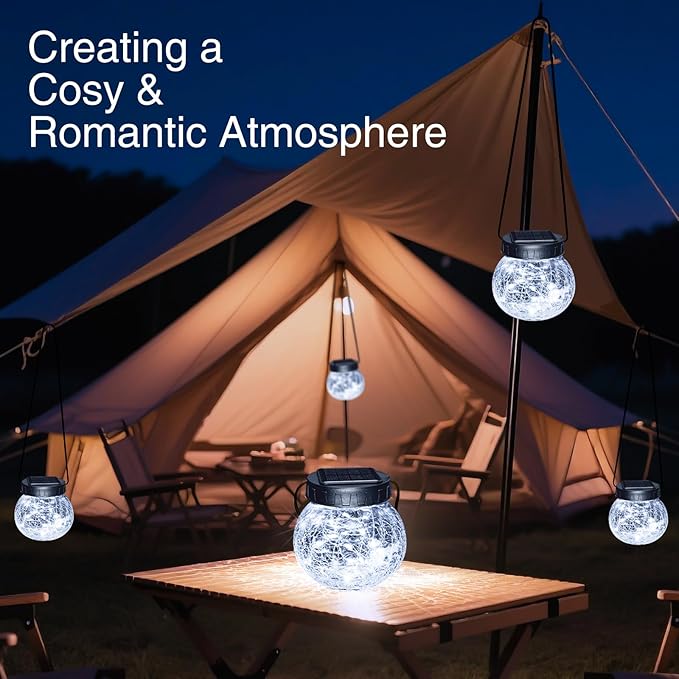 Kolpop Solar Lanterns Outdoor Waterproof 2 Pack, Hanging Solar Lights with 30 LED, Cracked Glass Hanging Globes for Garden Patio Fence Yard Christmas Tree Decoration, Cold White